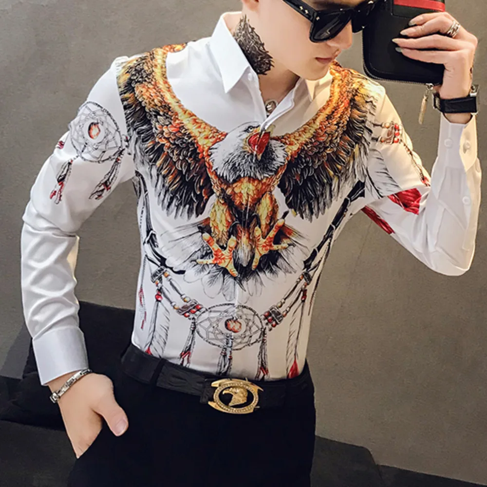 Дизайнерская мужская рубашка с 3D принтом орла, Повседневная приталенная Мужская рубашка с длинным рукавом, рубашки для ночного клуба, уличная одежда