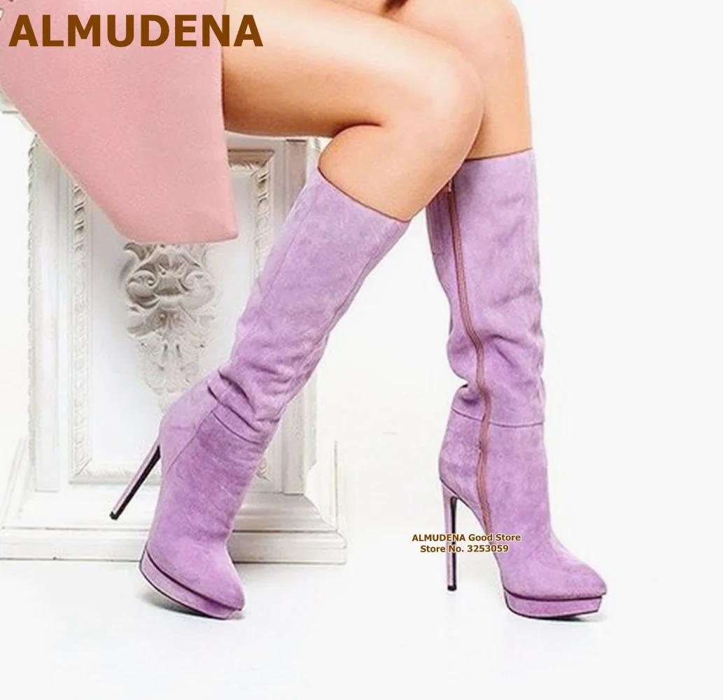 

ALMUDENA Lavender Purple Suede Knee Boots Women Stiletto Heel Platform Long Boots Nice Fall Winter Dress Shoes Dropship Size46