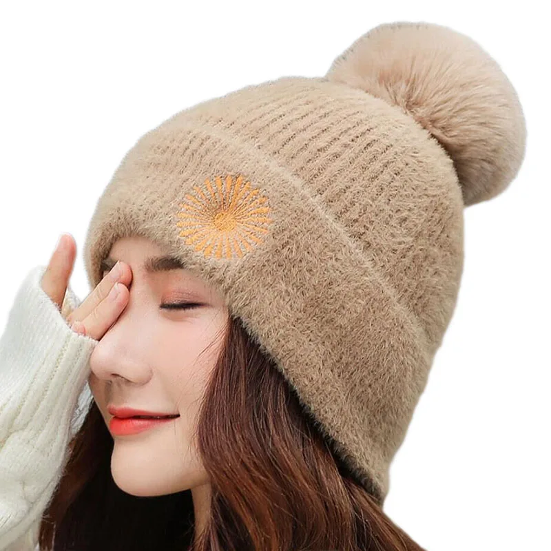 Шапка бини женская зимняя Осенняя мягкая шапка Skullies Beanies шапка с вышивкой вязаные кроличьи волосы модные женские шлепки теплые шапки