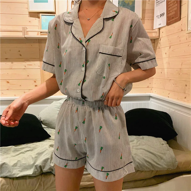 Include Summer Shirt Shorts Cute Carrot Print Pyjamas Women Cotton Pajamas Set