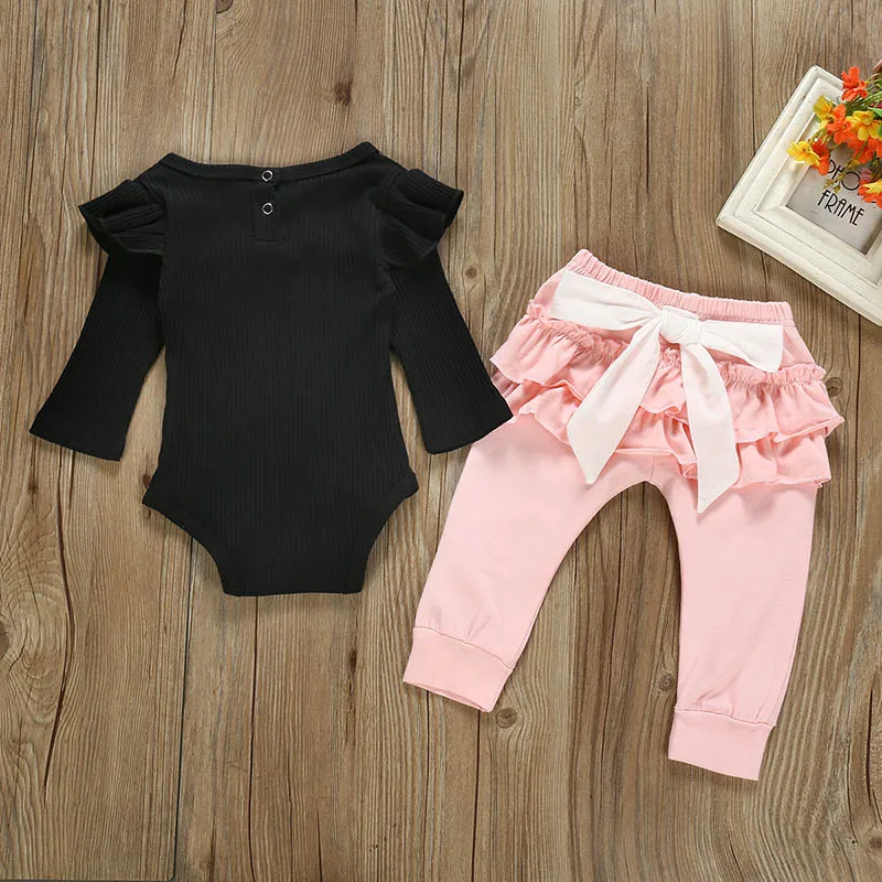 Autumn Baby Girl Casual Solid Print Long Sleeve Cotton Romper Tops Pants Outfits Set | Мать и ребенок
