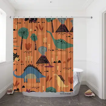 

Dinosaurs Shower Curtain Set with 12 Hooks Cartoon Funny Dinosaurs Tree and Volcanic Eruptions Design Bath Curtains Waterproof