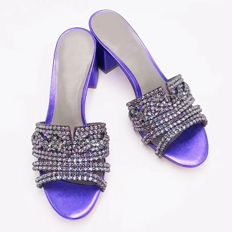 

Rhinestone Square Chunky high heels Slippers Women Chain bling bling Crystal Designer Sandals Summer Party wedding Shoes Woman