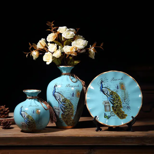 3Pcs/Set Ceramic Vase Dried Flowers Arrangement Wobble Plate Living Room Entrance Ornaments Home Decorations 18