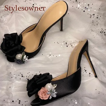

Fashion High-heel Woman Pumps Pointed Toe Thin-heel Slip-On Casual Shoes Flower Pearl Decoration Outer Wear Black Summer Shoes