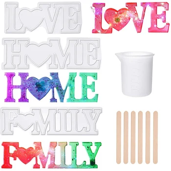 

3D Love Home Family Alphabet Resin Silicone Mold,Wooden Stirring Rod,Volumetric Cup for DIY Craft,Table and Home Decor