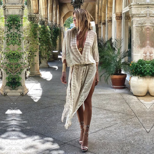 2021 Boho Sexy Striped Chiffon Bathing Suit Cover-ups Plus Size Beach Wear Kimono Dress For Women Summer Swimsuit Cover Up A790 2