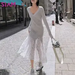 SIAM зимнее женское платье-свитер дизайнерское кружевное осеннее платье миди с длинным рукавом женское элегантное платье высокого качества