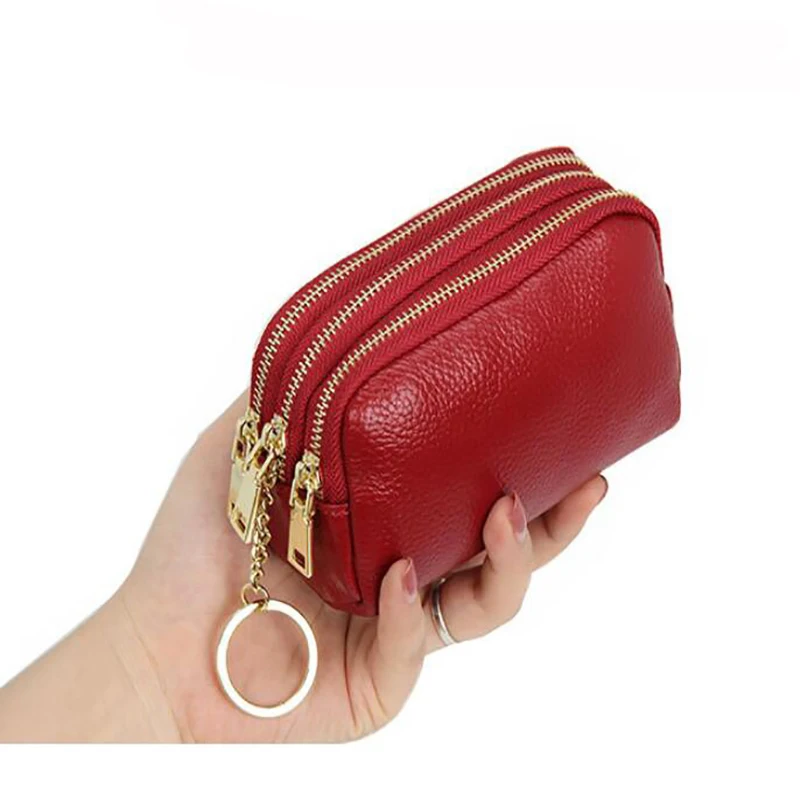 red Genuine Leather Women Card Coin Key Holder Change Pouch Purse Mini Pocket Zipper Popular Small Money Bag Wallet High-capacity - Цвет: red