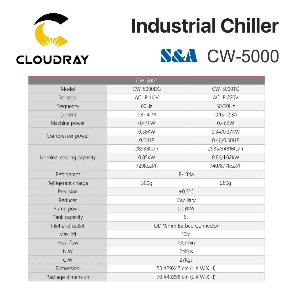 Промышленный Воздушный водяной охладитель Cloudray S & A CW5000 для CO2 лазерной