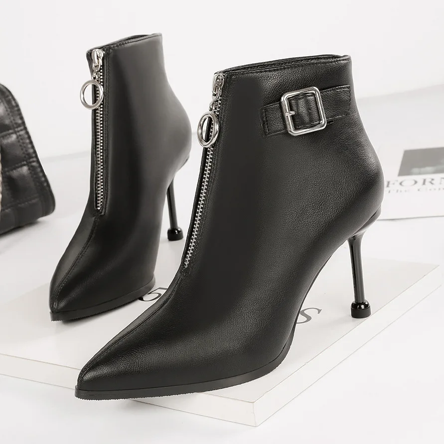 

1608-3 Europe And America Sexy High Heel Boots Front Zipper Slimming Martin Boots Thin Heeled Retro Single Boots Belt Buckle Wom