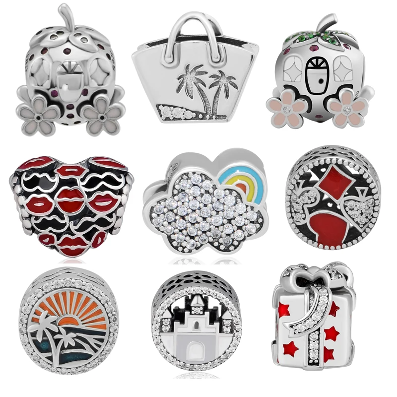 

Beads 100% 925 Sterling Silver Bag Cinderella Strawberry Nature Weather Kisses Sunset Gift box Castle Charm for Jewelry Making