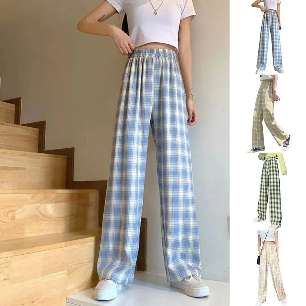 Women's Wide-leg Trousers Plaid Casual Mid-waist is Thinner and High-loose Fashion Mid-waist Trousers Dark Green Grid Pattern mother of the bride pant suits