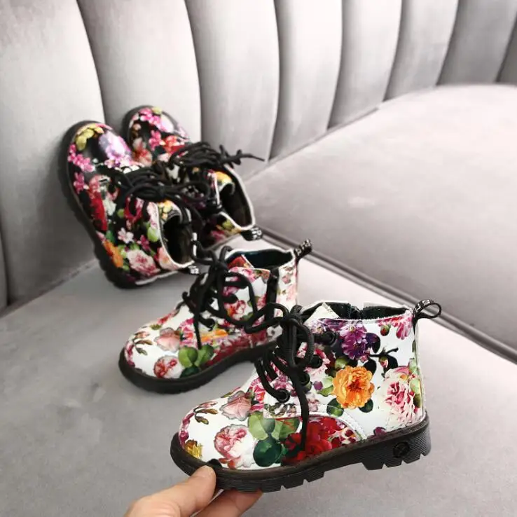 

Girls Boots Autumn Winter PU Leather Waterproof Kid Boots Shoes Zip Rome Flower Little Girl Martin Boots Fashion Baby Boot