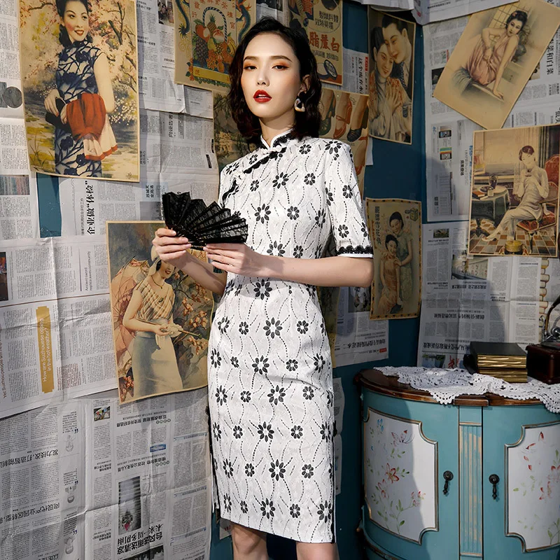 Женские кружевные платья Qipao длиной до колена белая женская традиционная