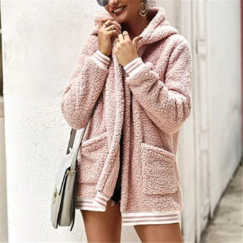 

Women Coat Soft Fleece Winter Autumn Warm Jacket Hooded Overcoat Female Fashion Stripe Casual Loose Outwear Coat Hooded Cardigan