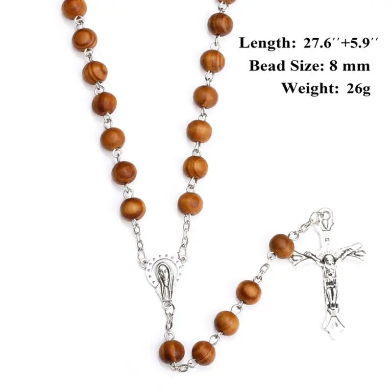 Handmade Round Bead Catholic Rosary Cross Religious Wood Beads Necklace Gift M6CE