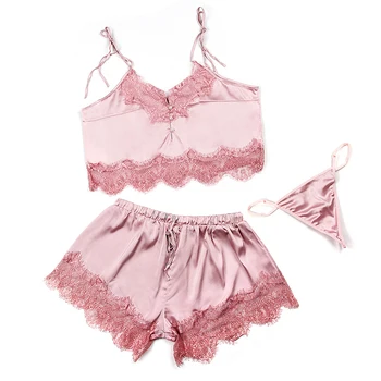 

Women Hollow V-neck Tops + Shorts Sling Pearl Button Sexy Sleepwear Nightwear Stitching Lace Trim Satin Top Pajama Sets RS80901