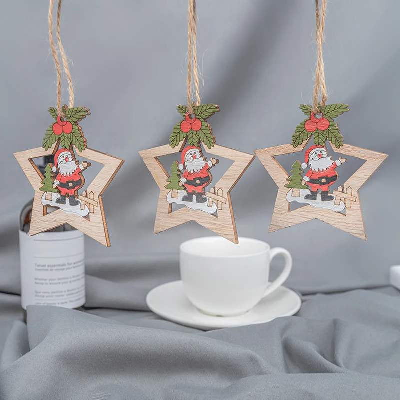 

12PCS Colorful Christmas Wooden Pendants Ornaments Cute Snowflakes Deer Tree Pattern Xmas Supplies for Home Party DIY Decoration