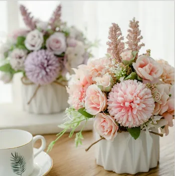 

Nordic Ins Artificial Flower with Ceramic vase Rose Flower Bonsai Plants Potted Rustic Vintage Wedding Home flowerpot Decor