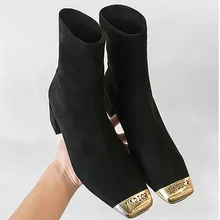Новые эластичные носки, сапоги женская обувь ботильоны без застежки весенне-зимняя элегантная обувь на высоком квадратном каблуке Женская обувь размера плюс 35-39