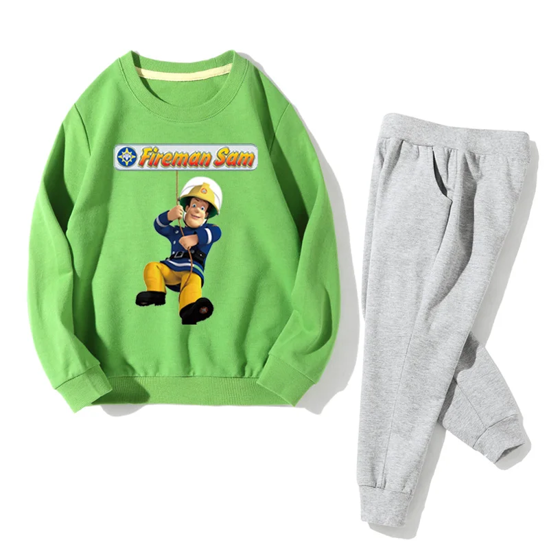 Толстовка с длинными рукавами для мальчиков и девочек+ штаны, комплект из 2 предметов, комплект одежды с рисунком пожарного Сэма, комплекты одежды детские спортивные костюмы, JZ069