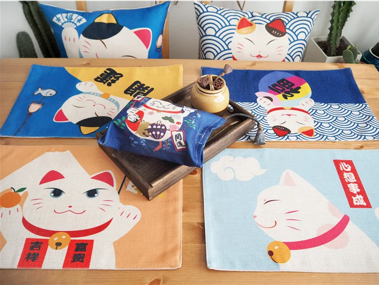 30*40 см японский стиль Lucky Cat детская посуда с рисунком Pad хлопковые льняные квадратные Подставка под горячее Анти-Горячая Водонепроницаемая салфетка