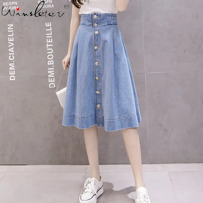 Saia de verão 2020 Adolescente Denim Elásticas Botões Cintura A Linha Midi Saia Jeans Cintura Alta Mulheres Azul юбка женская B02003B|Saias| - AliExpress