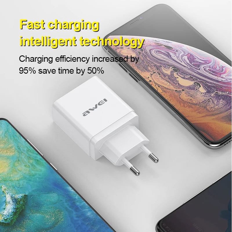 Быстрое зарядное устройство AWEI C 980 18 Вт QC3.0 USB + PD Type быстрое для телефона настенный