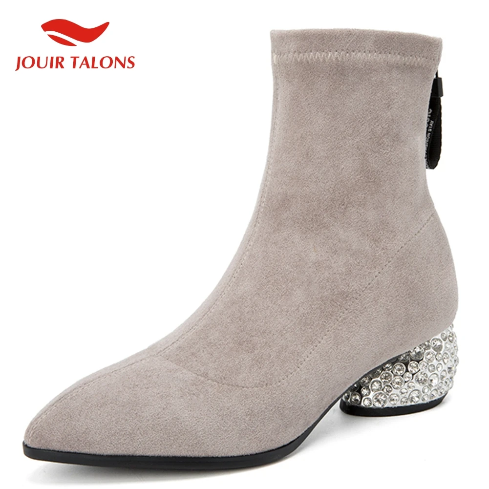 

On Sale Pointed Toe Ankle Boots Kid Suede Leather Shoes Women Fashion Strange Crystals Med Heels Ankle Boots Female Shoes Woman