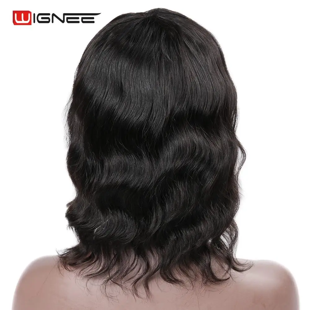 Wignee Short Human Hair Wigs With Free Bangs For Black/White Women Remy Hair Machine Made Glueless Deep Wave Natural Human Wigs