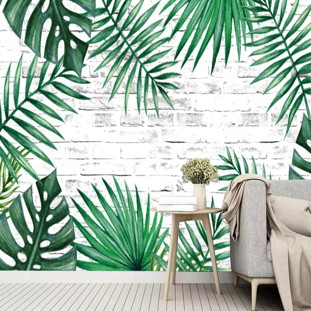

Drop Shipping Custom Large 3D Wallpaper Mural Nordic Simple Brick Wall Green Banana Leaf Wall Decoration Mural Wallpaper