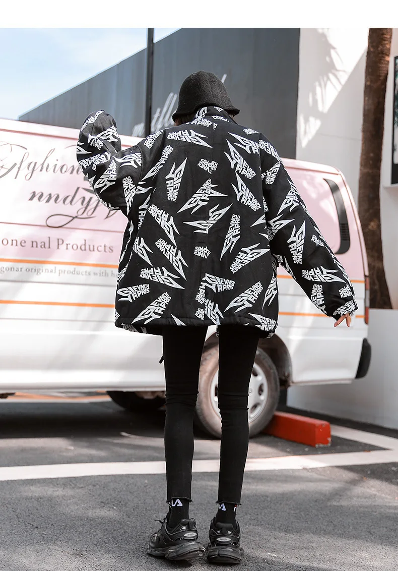 Vefadisa Letter Print Denim Coat Woman Winter Thick Denim Coat Black Zippers Stand Collar Loose Coat Hip-hop QYF1380