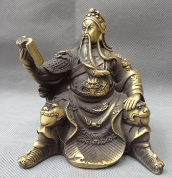 

AA 003147 Chinese Bronze Dragon Head Warrior Sit GuanGong GuanYu God Read Look Statue