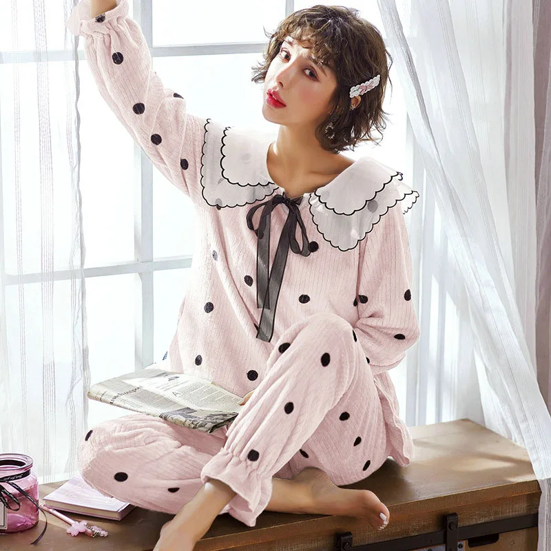Модные женские пижамы в горошек с бантом; милая домашняя одежда; комплект из 2 предметов; Пижама; пикантная кружевная одежда для сна; бархатный Пижамный костюм с длинными рукавами - Цвет: Pink