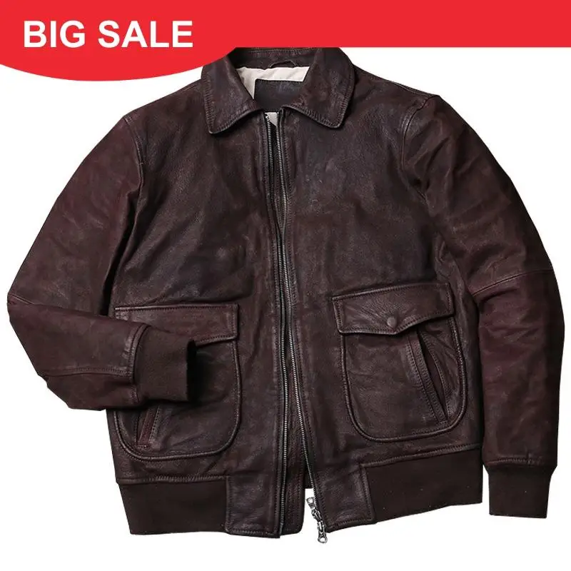 

2020 Dark Brown Men Retro A2 Pilot Leather Jacket Plus Size XXXXXL Genuine Sheepskin Spring Military Aviator Leather Coat