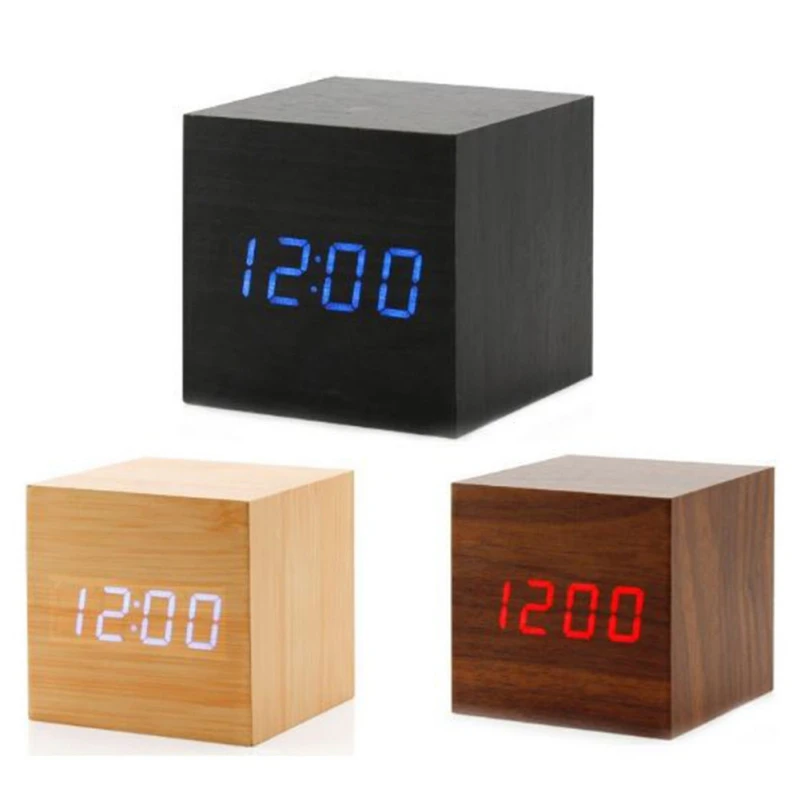Modern Wood Digital LED Desk Alarm Clock Thermometer Time Calendar Sound Control 