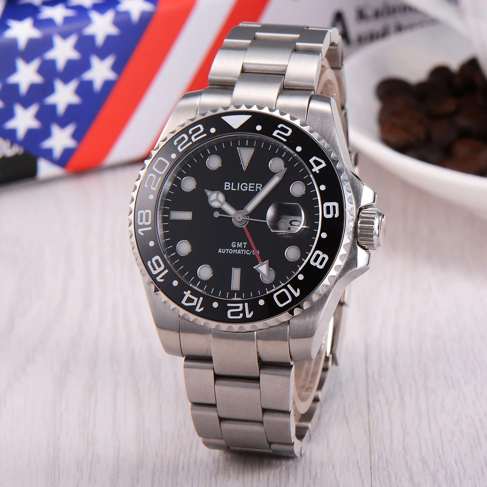 

BLIGER 40mm Men's Fashion GMT Function Automatic mechanical Watch Steel Strap Black Dial Sapphire Crystal waterproof watch men