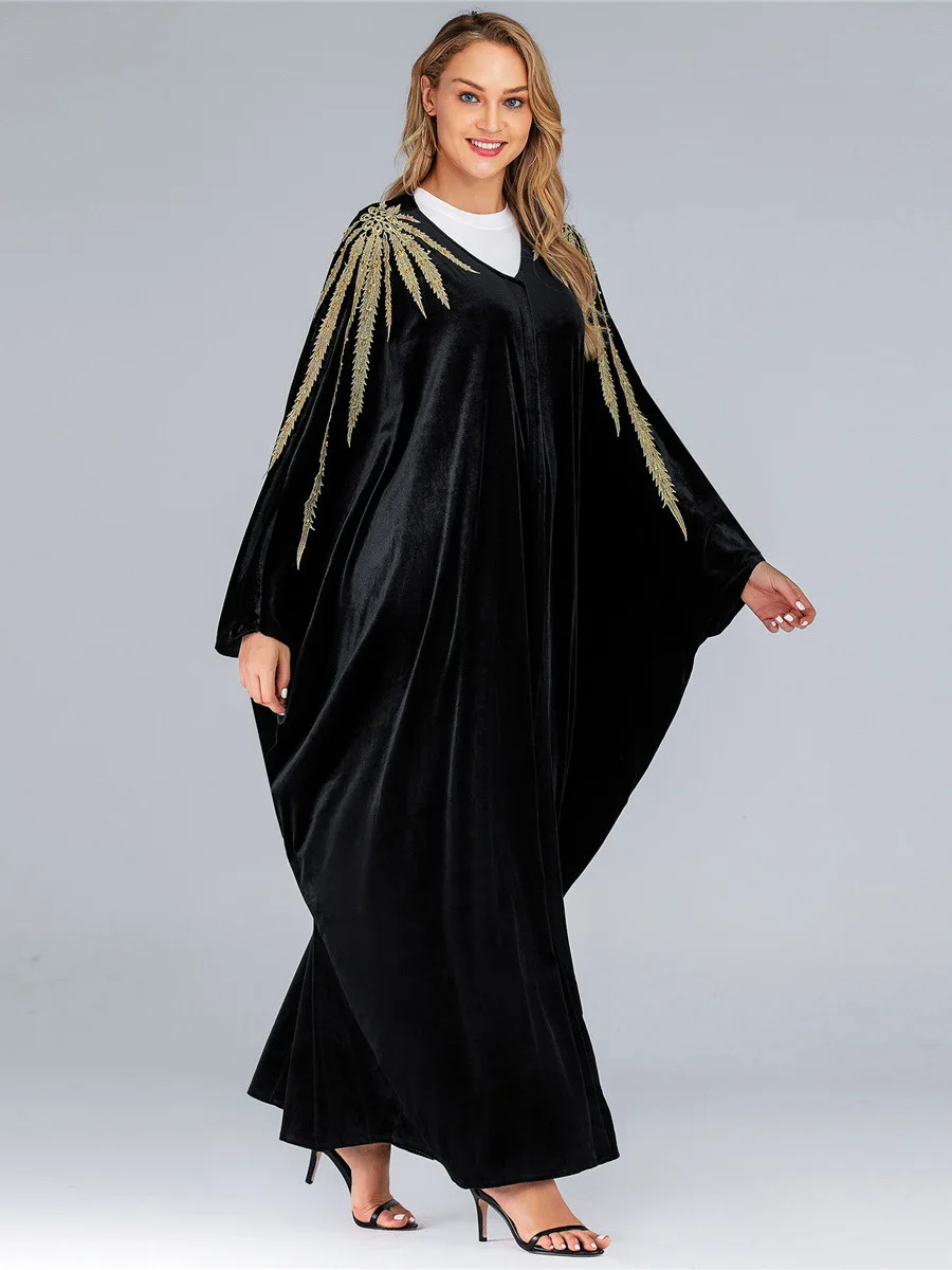 Siskakia, женские халаты в форме летучей мыши, модные мусульманские, открытые, Абая, бархат, золотые листья, вышивка, большие, арабские, дубайские кимоно
