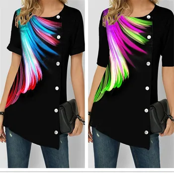 

2020 New Spring Summer Women T shirts Streetwear Fashion Short Sleeve O-Neck Print Button Loose Casual T shirt Top Plus Size Tee