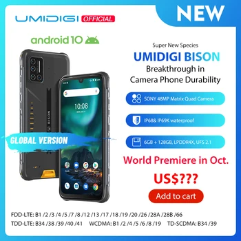 

UMIDIGI BISON IP68/IP69K Waterproof Rugged Phone 48MP Matrix Quad Camera 6.3" FHD+ Display 6GB+128GB NFC Android 10 Smartphone