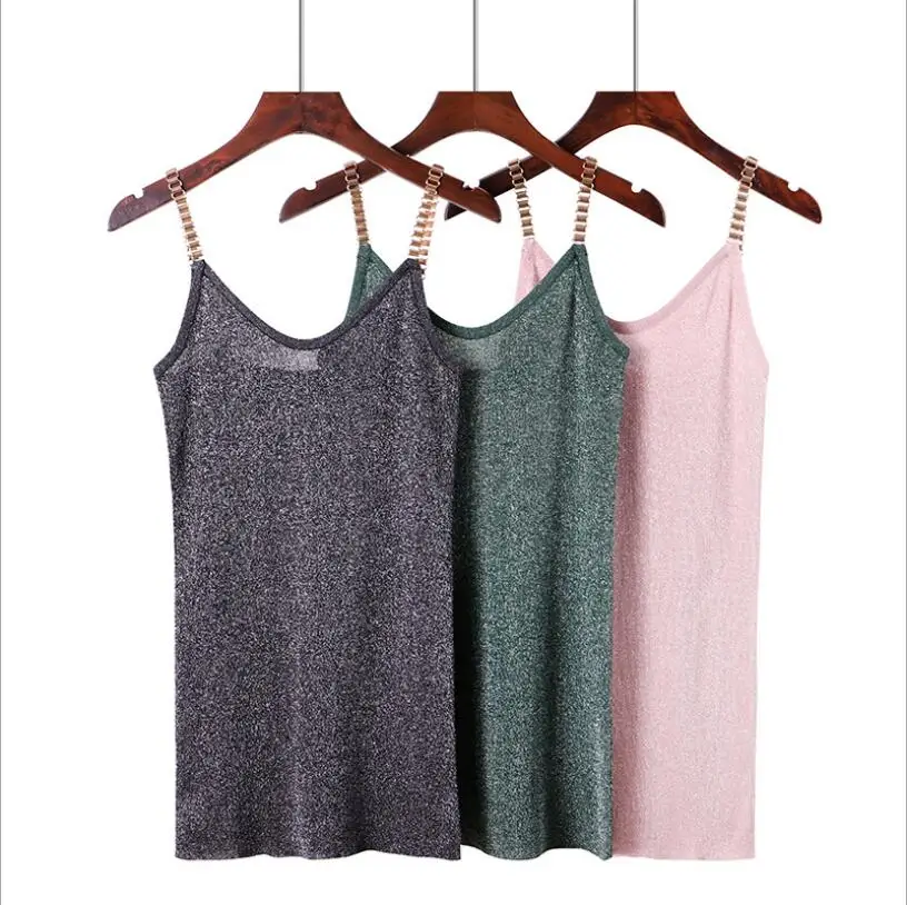 

Women Sleeveless Tank Tops Sexy Female V-Neck Knitted Camisole Club Girls Metal Spaghetti Strap Clothes Thin Shiny Tops QH1996