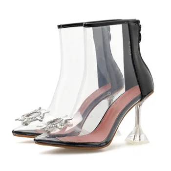 

WEIQIAONA Sexy transparent PVC women high quality ankle boots Pointed toe Rhinestone high heels autumn boots with