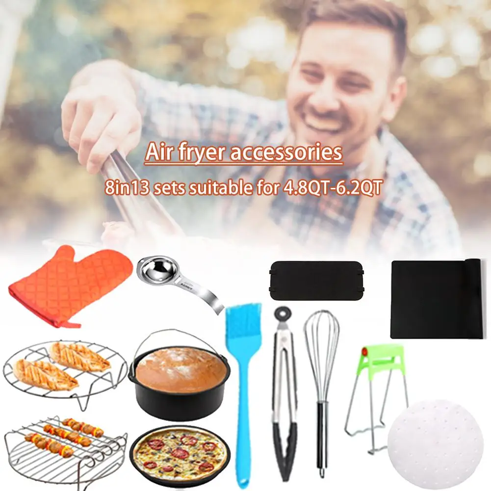 

8 Inch 13pcs Air Fryers Accessories Stainless Steel Nonstick Coating Cake Bucket Pizza Tray Grill Rack For 4.8QT-6.2QT Air Frye