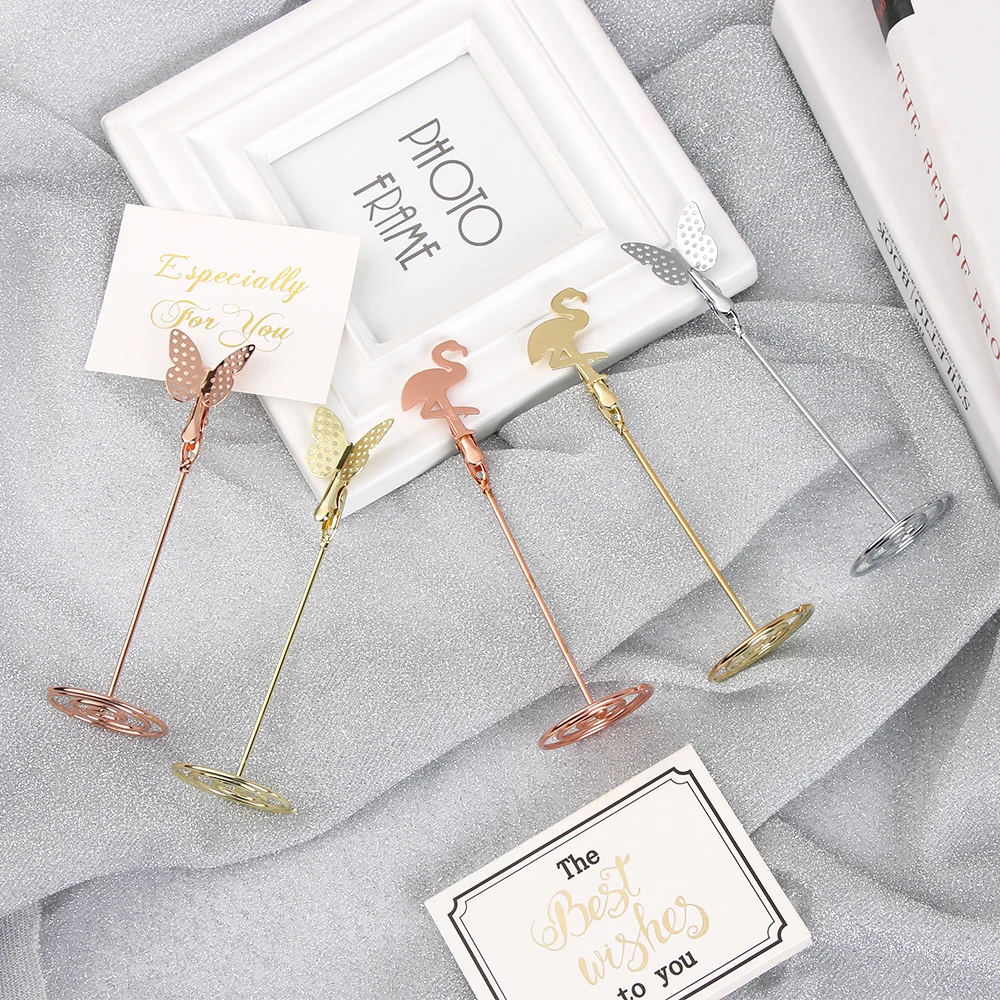 Card Holder 1PC Romantic Butterfly Flamingo Shape Card Holder Photo Metal Clip Table Stand Clamps Stand Wedding Supply Home Desktop Decor