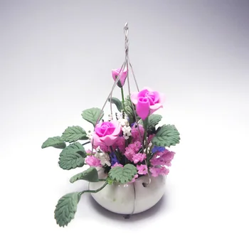 

1PC Mini House Potting Adornment Mini Pink Rose Hanging Basket Flower Arrangement Model for Dorm Store Home