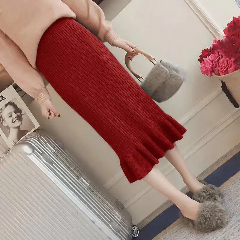 Модные женские хлопковые юбки осень зима Корейская длинная юбка с юбкой средней длины с оборкой, с высокой посадкой сумка бедра юбка рыбий хвост