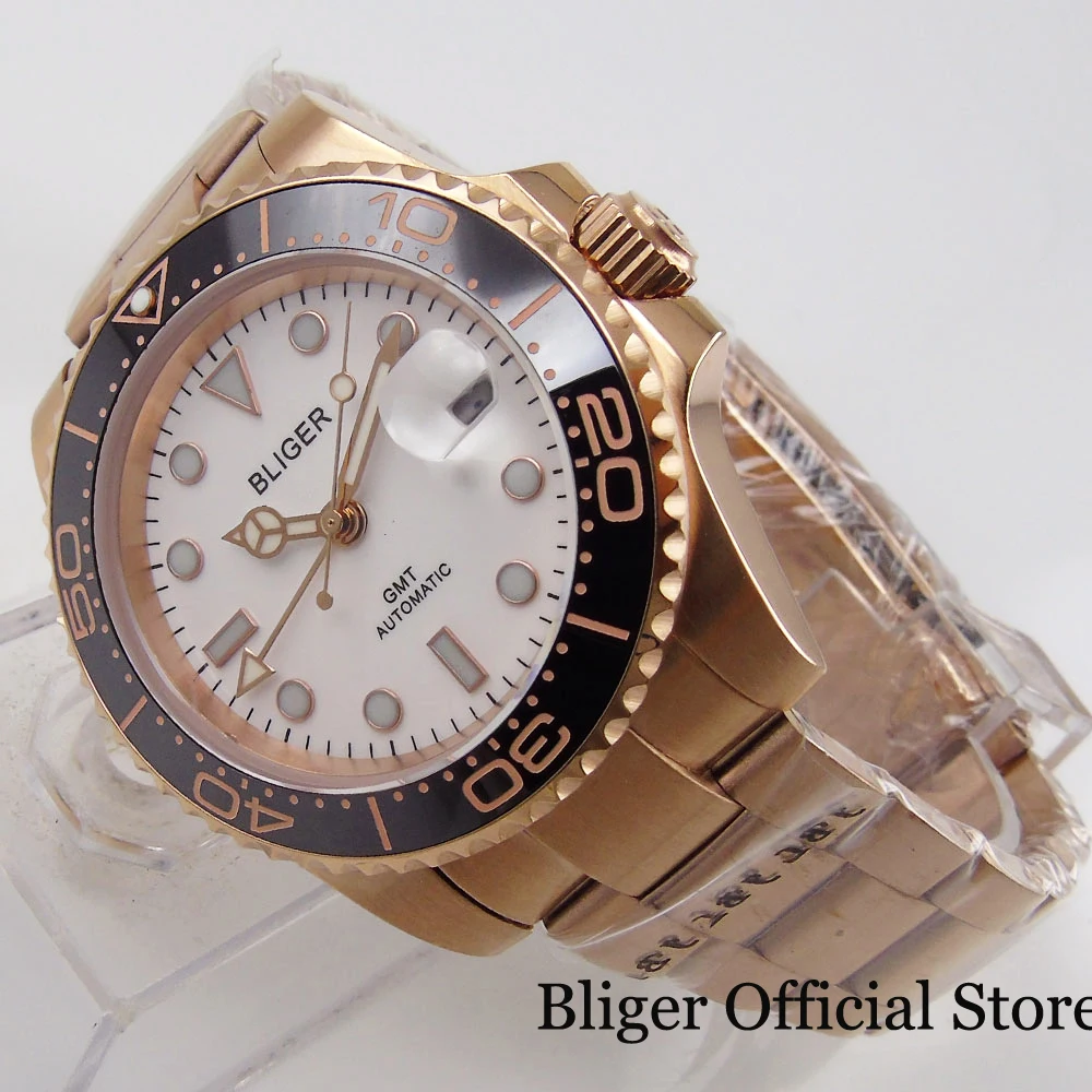 

BLIGER Rose Gold GMT Hand Mechanical Watch Sapphire Glass Deployment Clasp