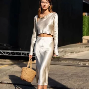 

Autumn Elegant Dress Women Sexy satin simulation silk long-sleeved shirt 2020 satin casual elegant suit long dresses two piece