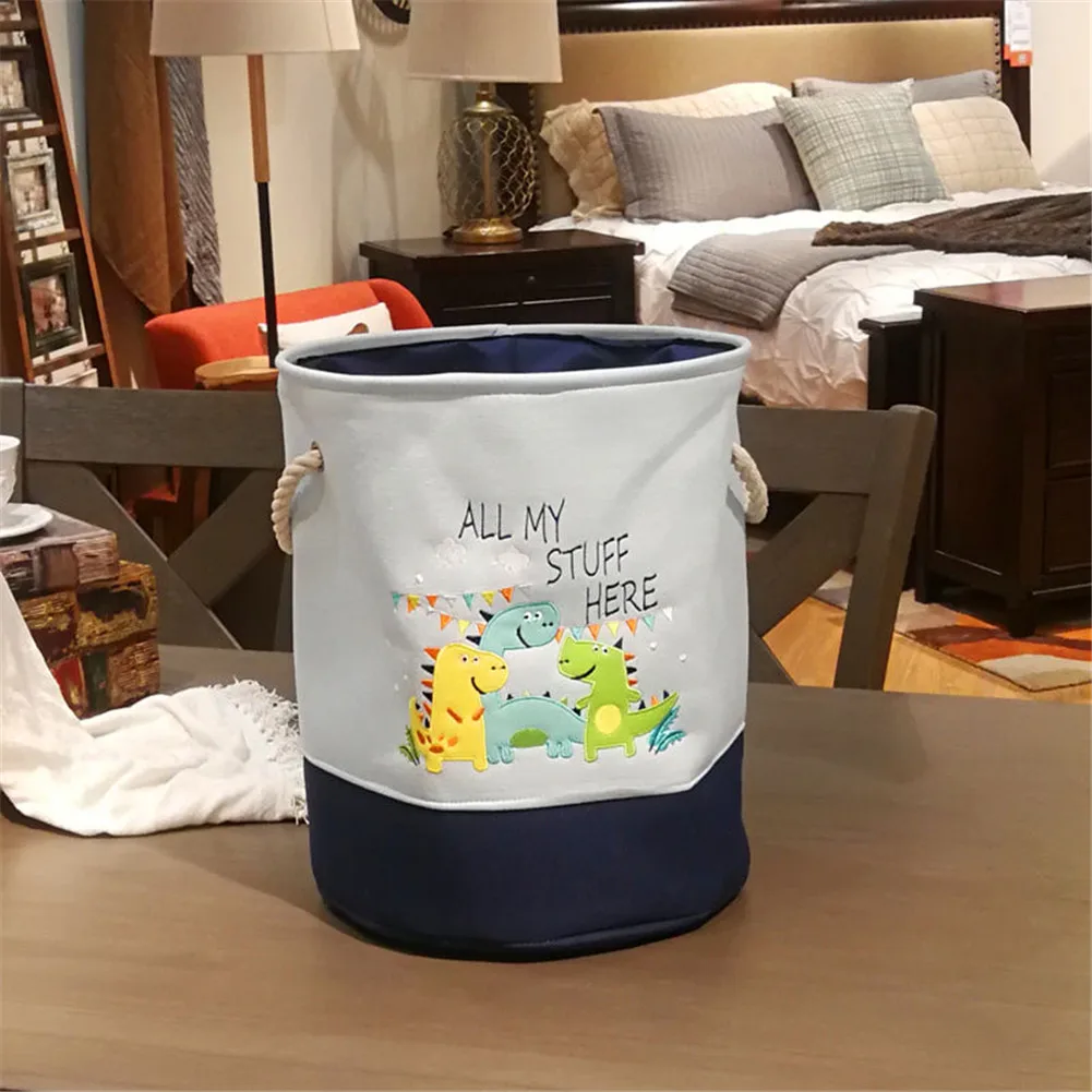 

Multi-purpose Folding Storage Bucket Cartoon Canvas Embroidery Storage Basket Dirty Cloth Organizer Suitable for Home or Office
